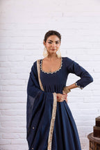 Designer Vichitra Silk Anarkali Gown with Beads Work & Dupatta