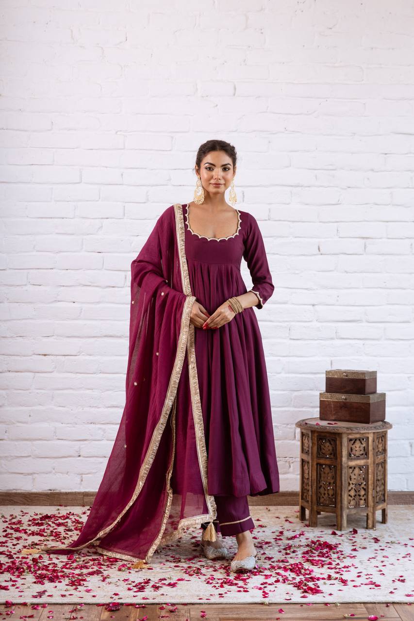 Designer Vichitra Silk Anarkali Gown with Beads Work & Dupatta