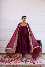 Designer Vichitra Silk Anarkali Gown with Beads Work & Dupatta