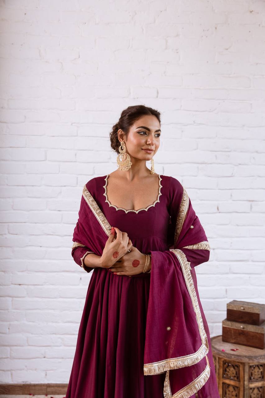Designer Vichitra Silk Anarkali Gown with Beads Work & Dupatta