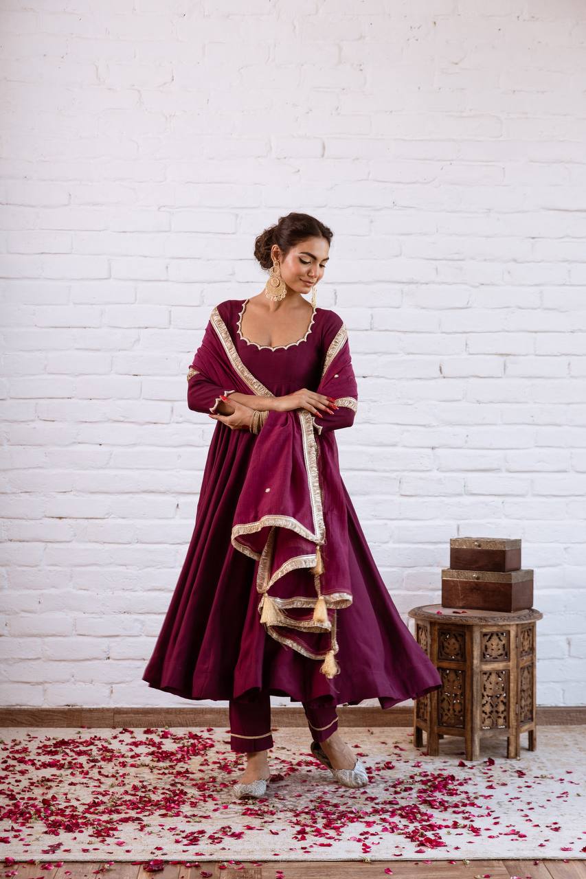 Designer Vichitra Silk Anarkali Gown with Beads Work & Dupatta