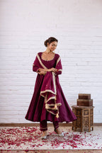 Designer Vichitra Silk Anarkali Gown with Beads Work & Dupatta