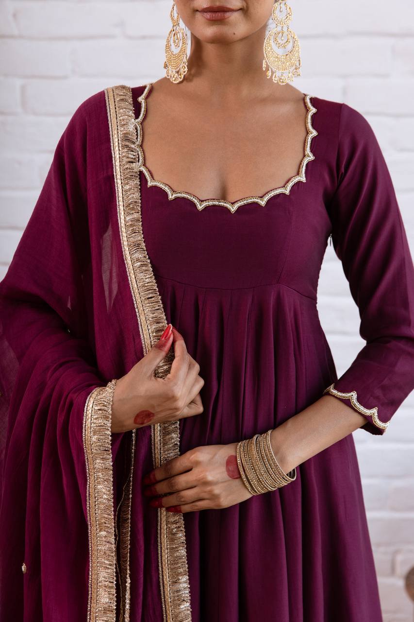 Designer Vichitra Silk Anarkali Gown with Beads Work & Dupatta