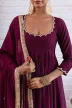 Designer Vichitra Silk Anarkali Gown with Beads Work & Dupatta