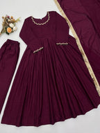 Designer Vichitra Silk Anarkali Gown with Beads Work & Dupatta