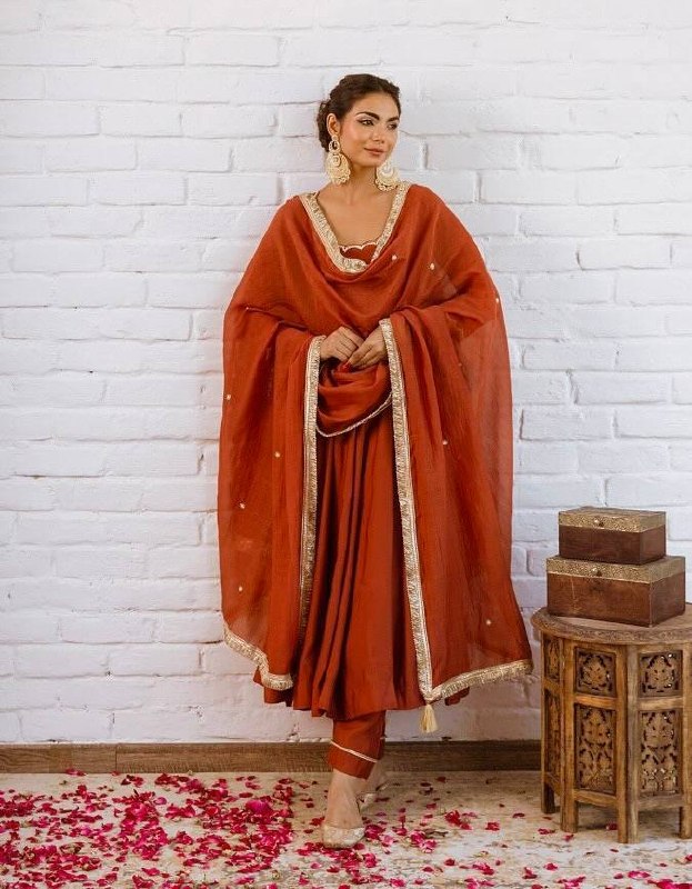 Designer Vichitra Silk Anarkali Gown with Beads Work & Dupatta