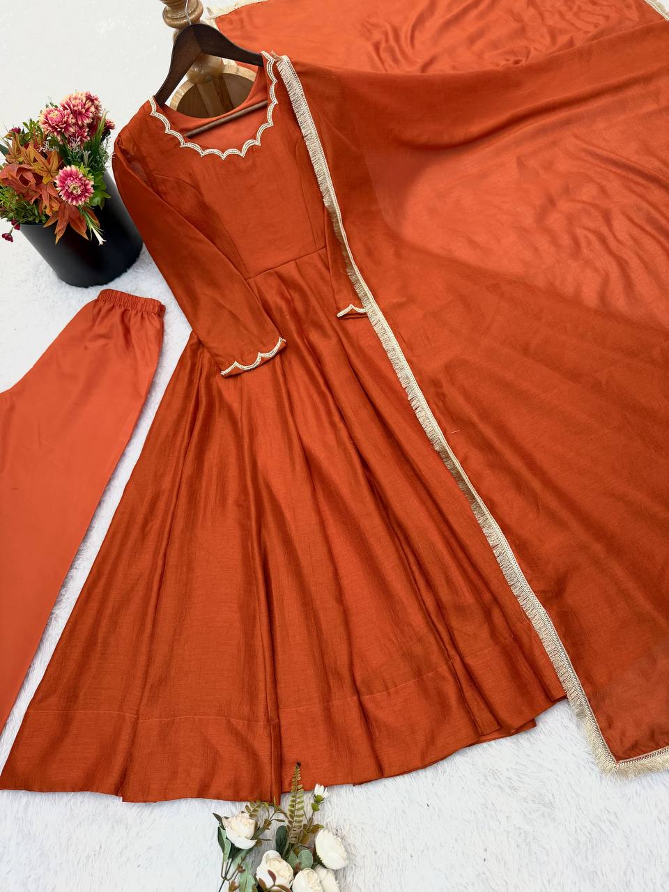 Designer Vichitra Silk Anarkali Gown with Beads Work & Dupatta