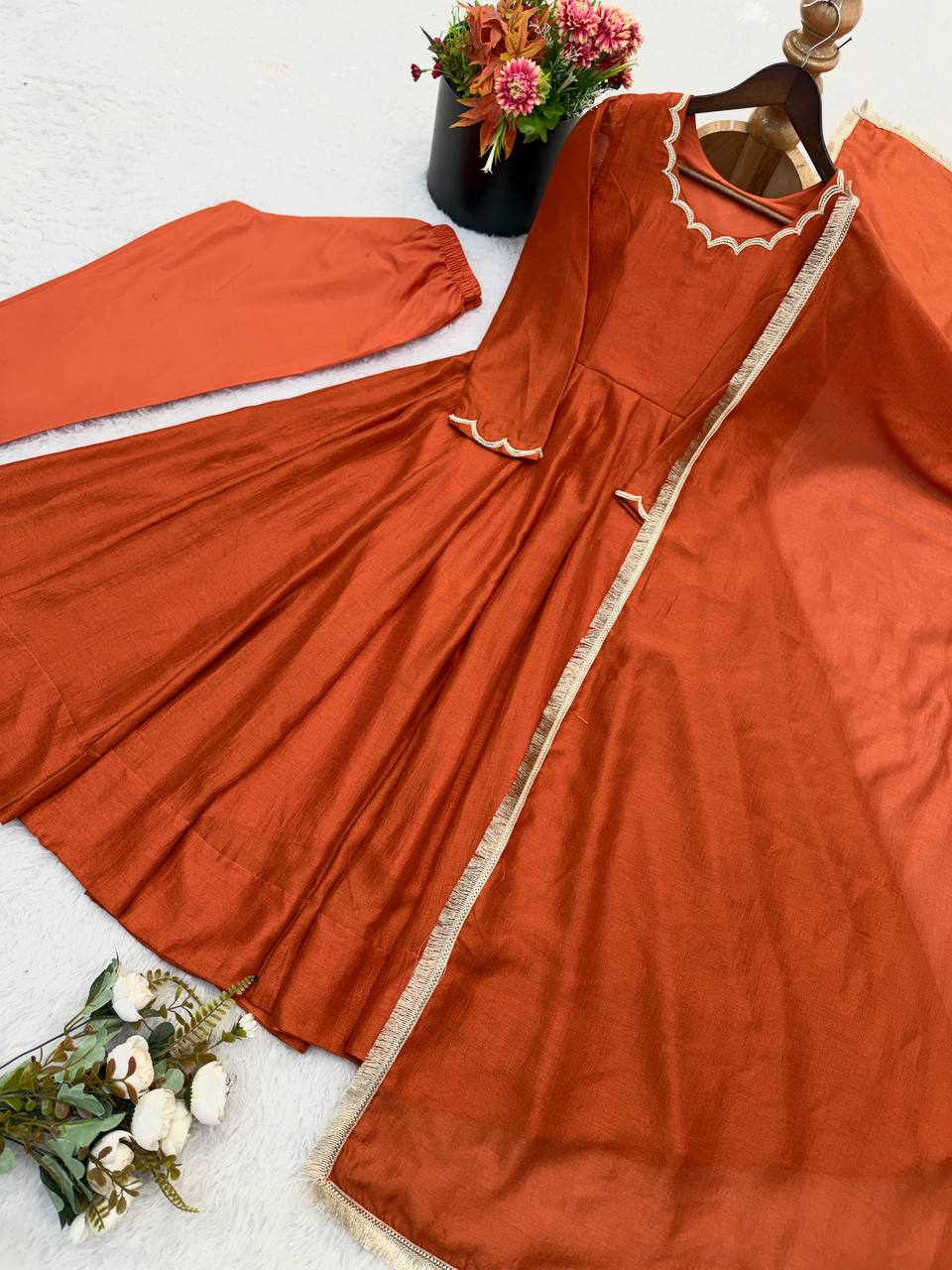 Designer Vichitra Silk Anarkali Gown with Beads Work & Dupatta
