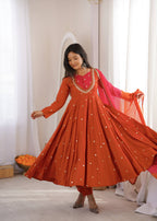 Designer Roman Silk Gown with Real Mirror Embroidery and Dupatta
