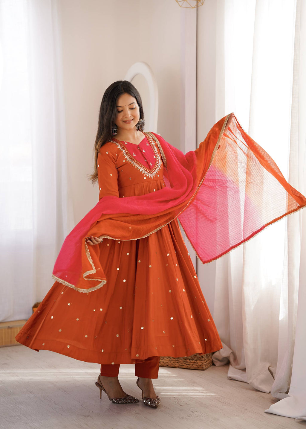 Designer Roman Silk Gown with Real Mirror Embroidery and Dupatta
