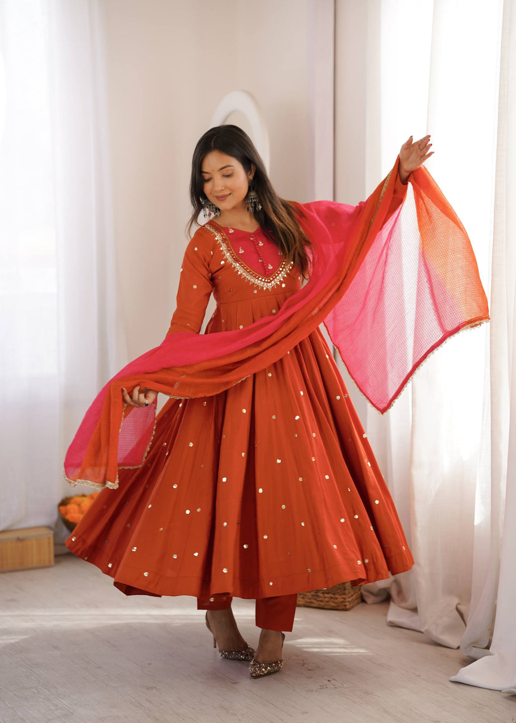 Designer Roman Silk Gown with Real Mirror Embroidery and Dupatta