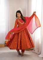 Designer Roman Silk Gown with Real Mirror Embroidery and Dupatta