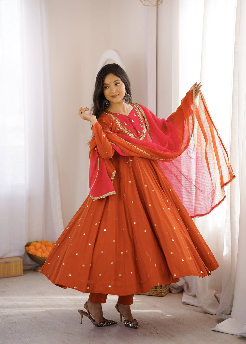 Designer Roman Silk Gown with Real Mirror Embroidery and Dupatta