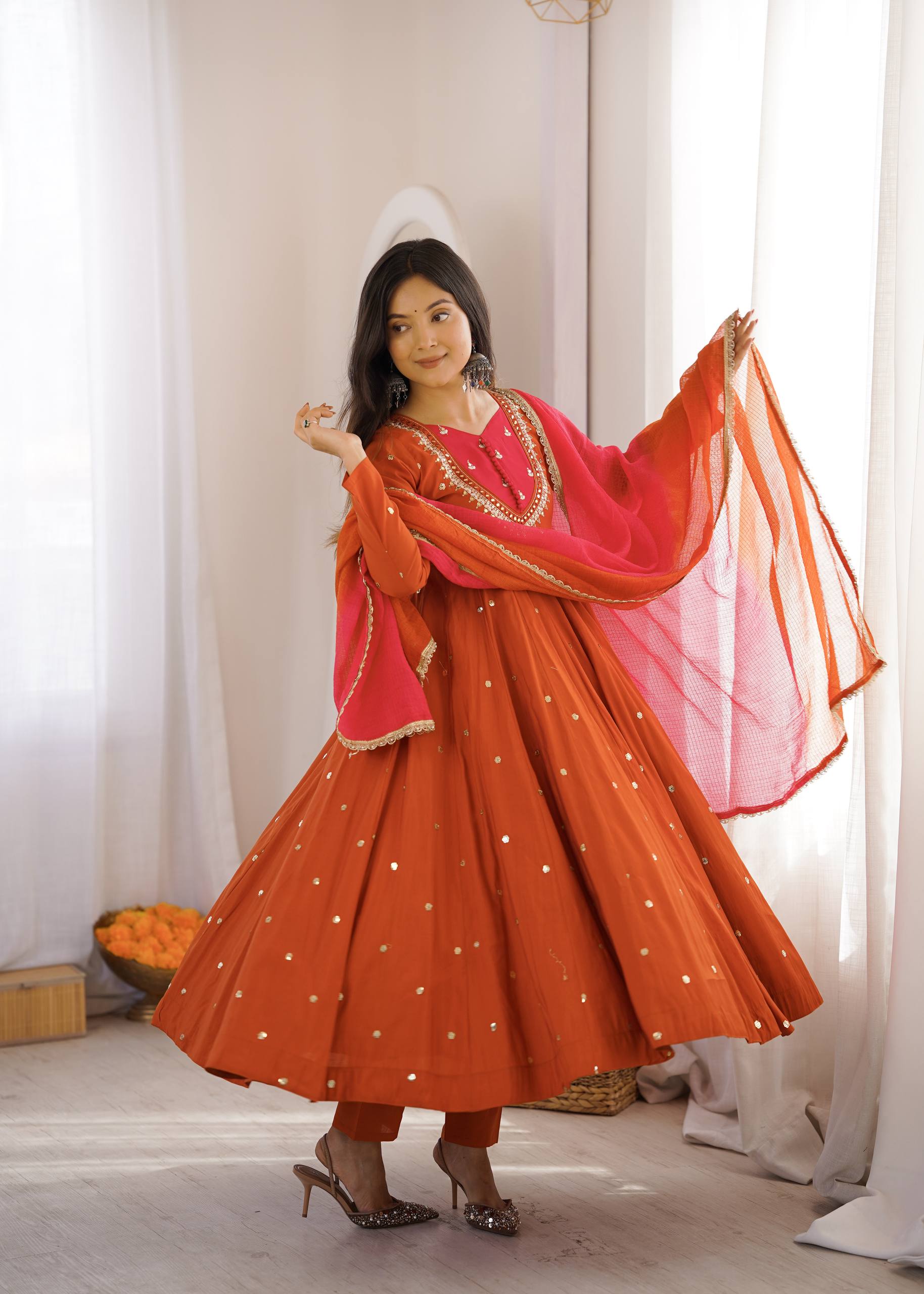 Designer Roman Silk Gown with Real Mirror Embroidery and Dupatta
