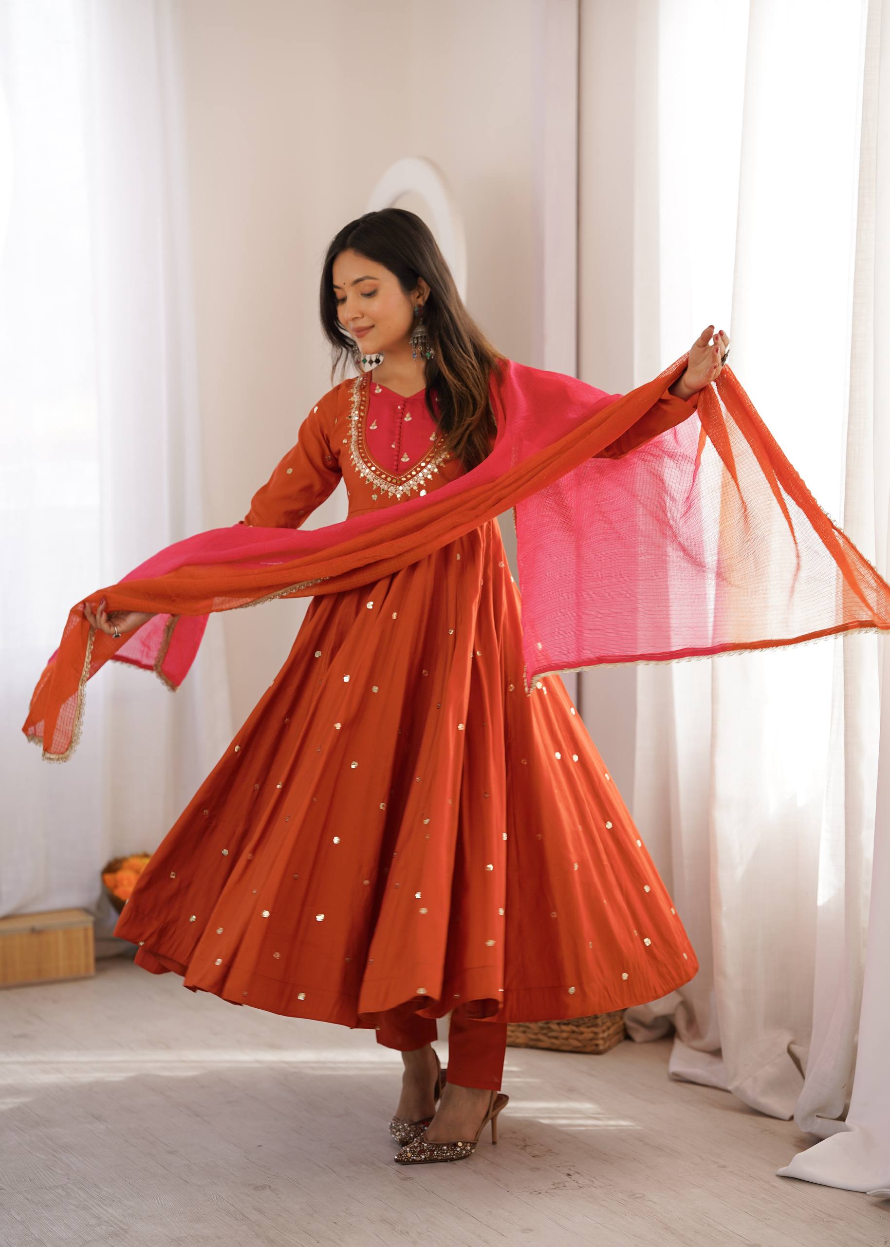 Designer Roman Silk Gown with Real Mirror Embroidery and Dupatta
