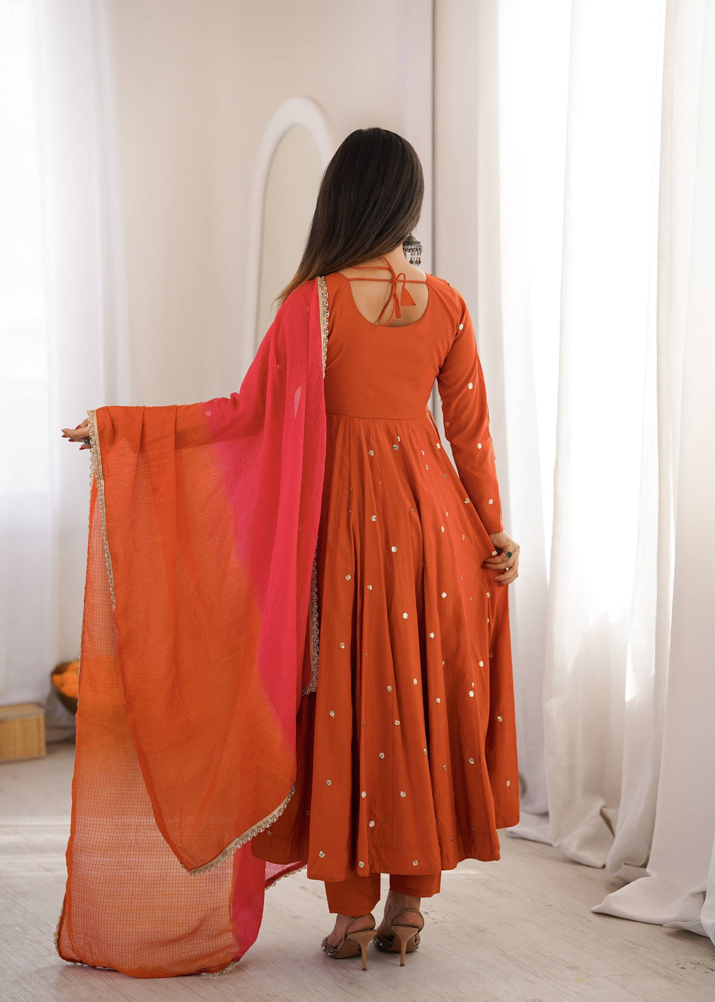 Designer Roman Silk Gown with Real Mirror Embroidery and Dupatta