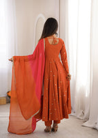Designer Roman Silk Gown with Real Mirror Embroidery and Dupatta