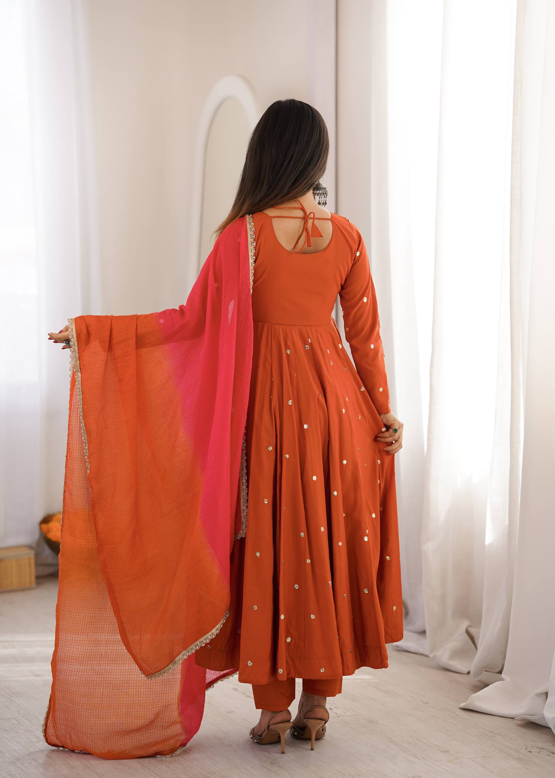 Designer Roman Silk Gown with Real Mirror Embroidery and Dupatta