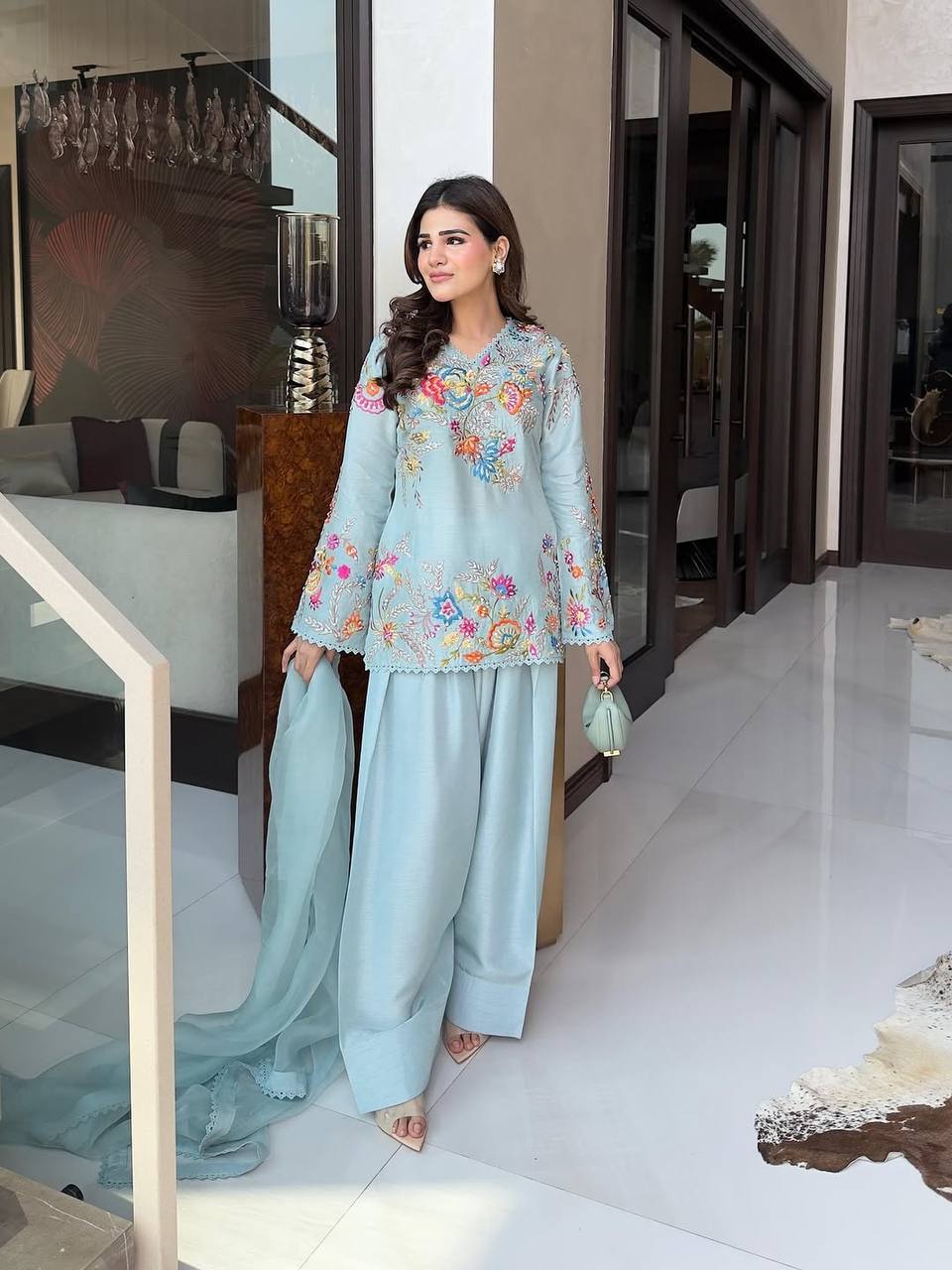 Designer Crape Silk Salwar Suit with Sequin Embroidery & Lace Work