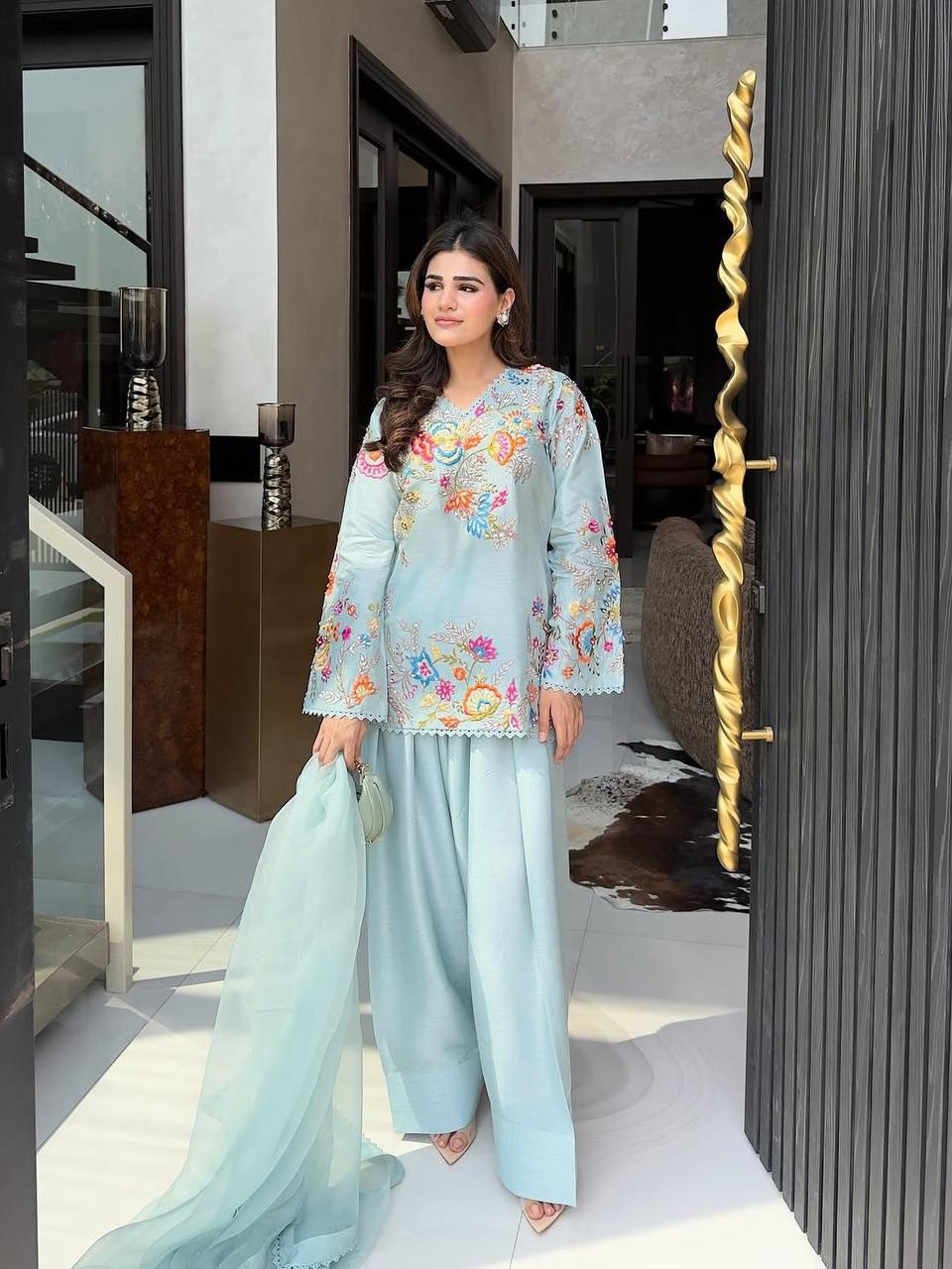 Designer Crape Silk Salwar Suit with Sequin Embroidery & Lace Work