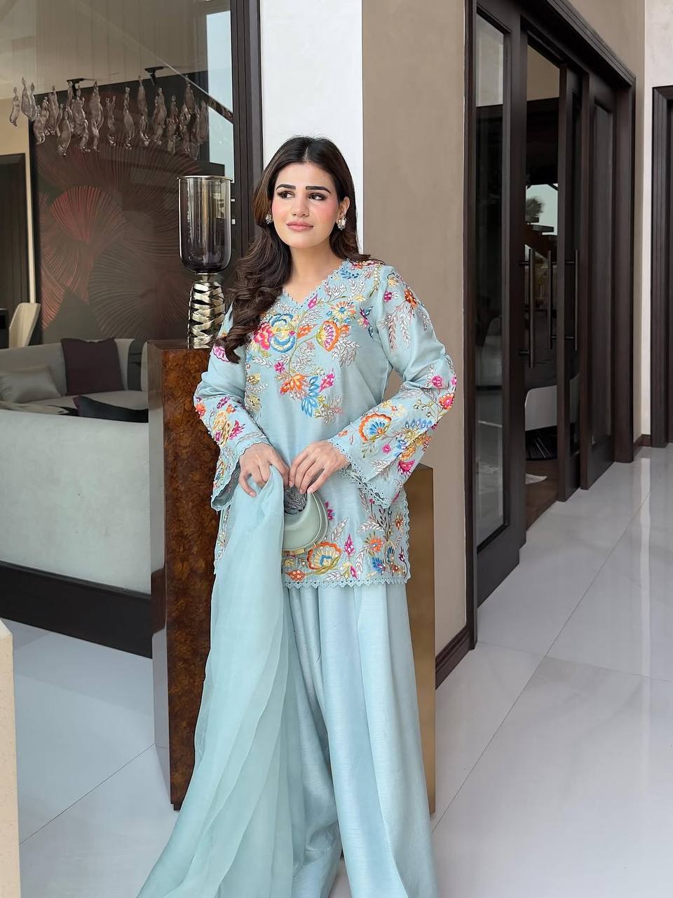 Designer Crape Silk Salwar Suit with Sequin Embroidery & Lace Work