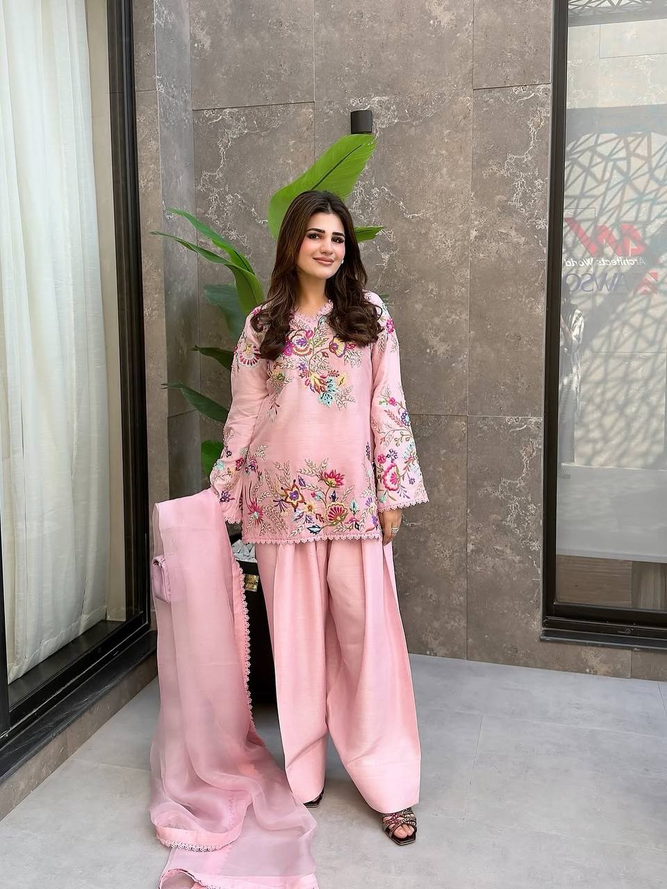 Designer Crape Silk Salwar Suit with Sequin Embroidery & Lace Work