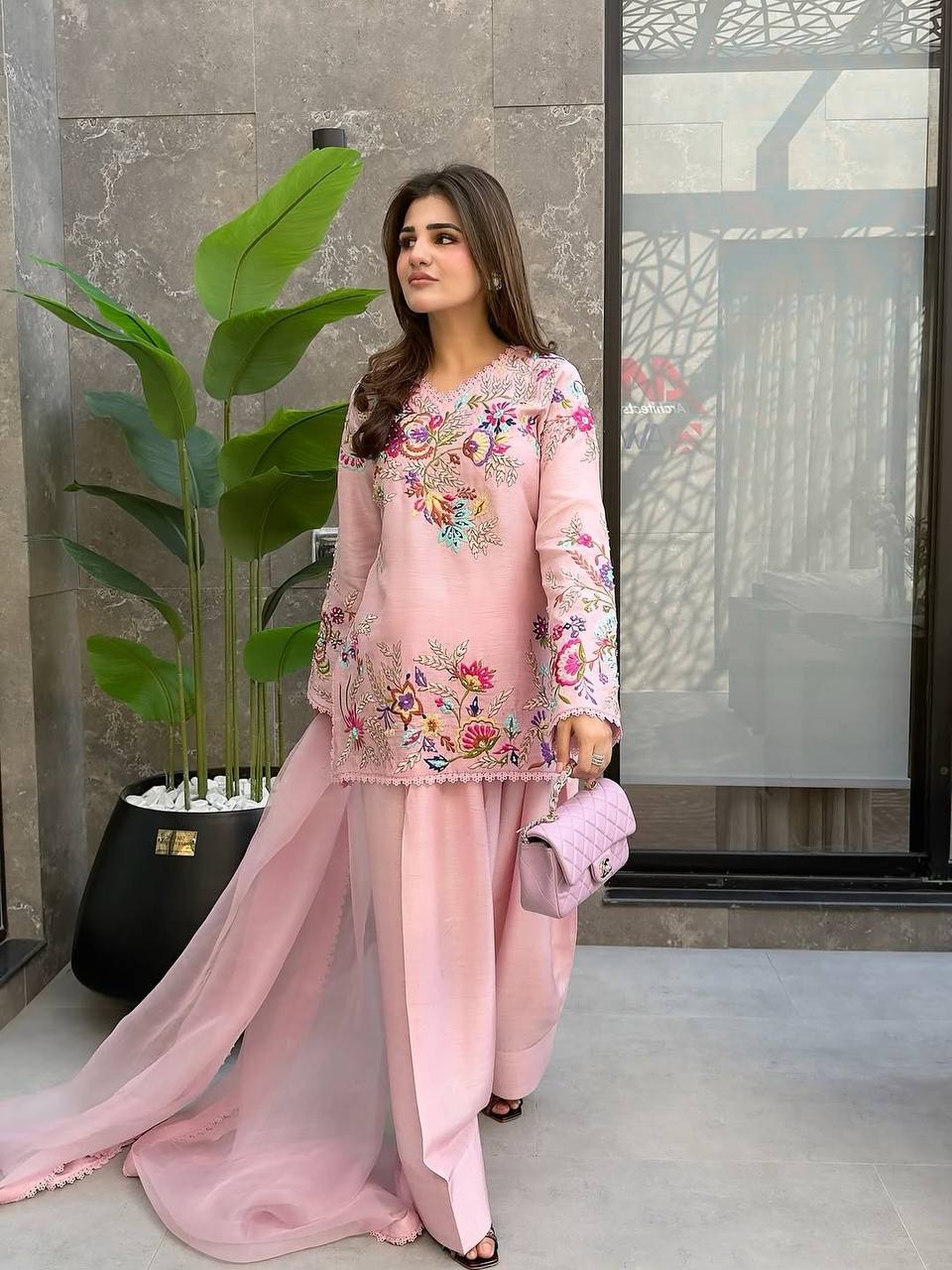 Designer Crape Silk Salwar Suit with Sequin Embroidery & Lace Work