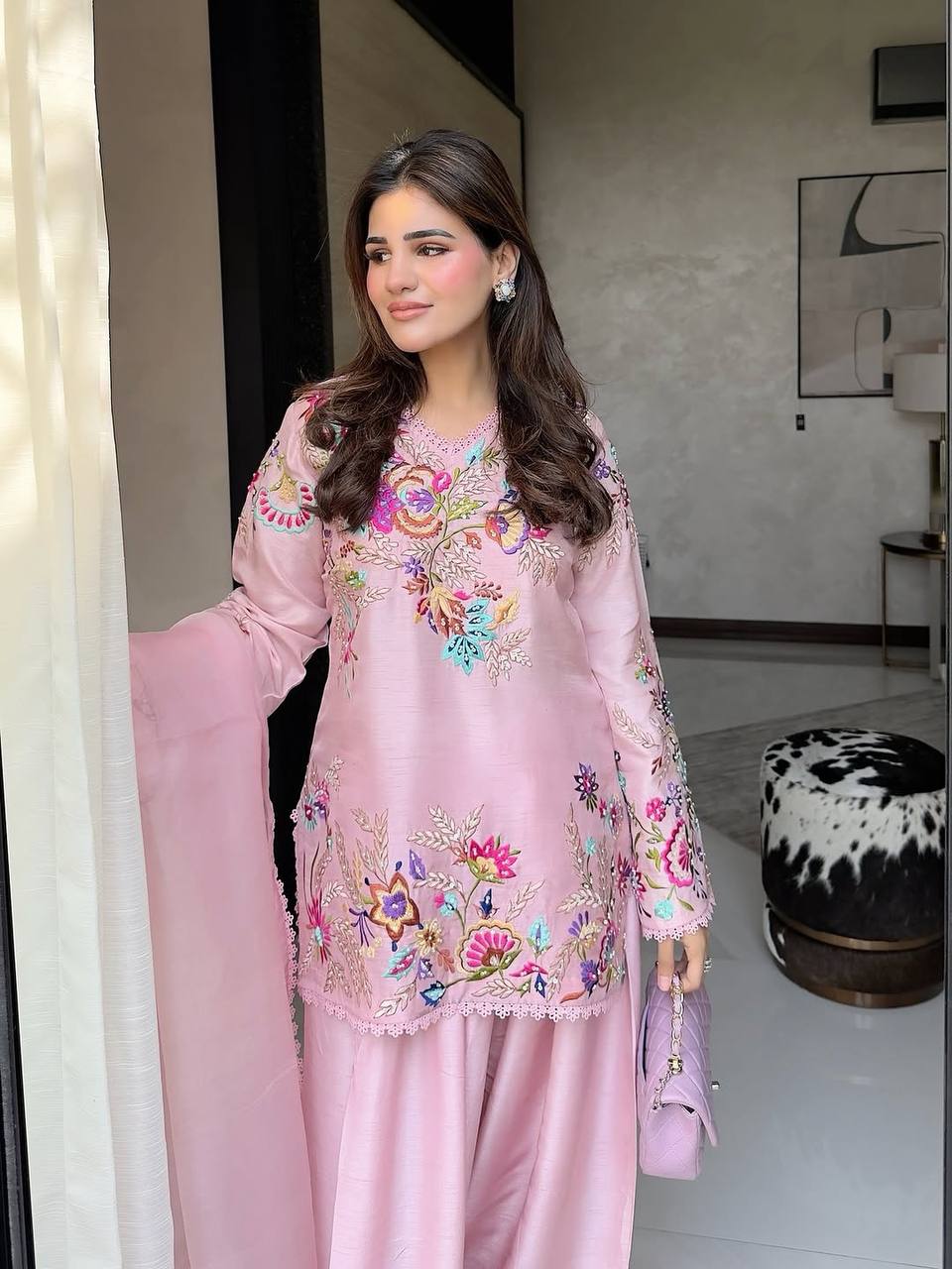 Designer Crape Silk Salwar Suit with Sequin Embroidery & Lace Work