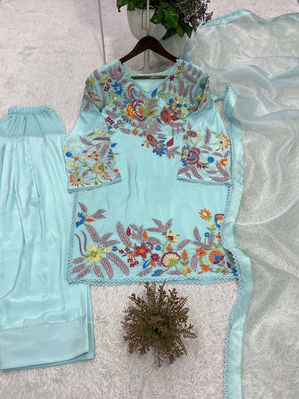 Designer Crape Silk Salwar Suit with Sequin Embroidery & Lace Work