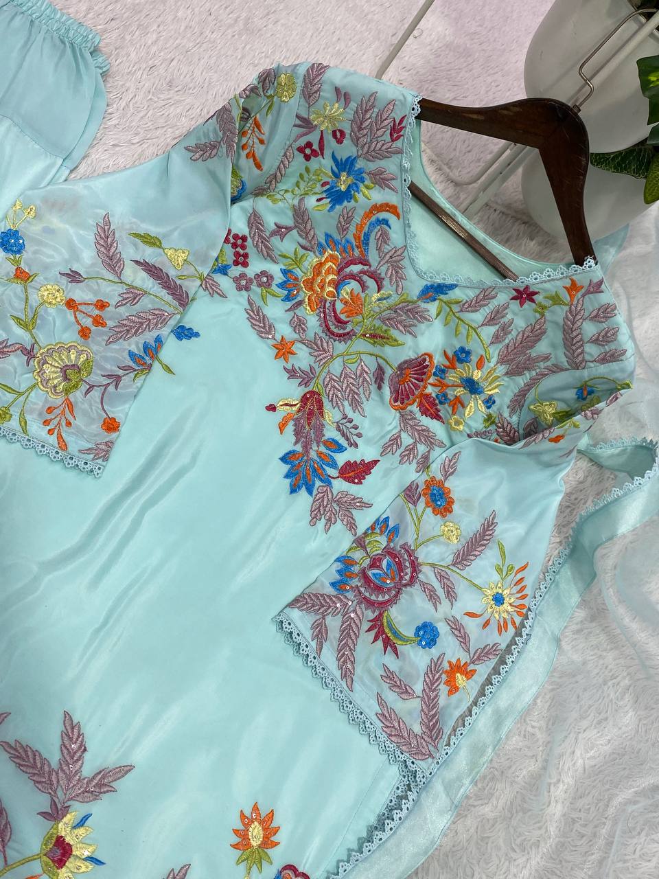 Designer Crape Silk Salwar Suit with Sequin Embroidery & Lace Work