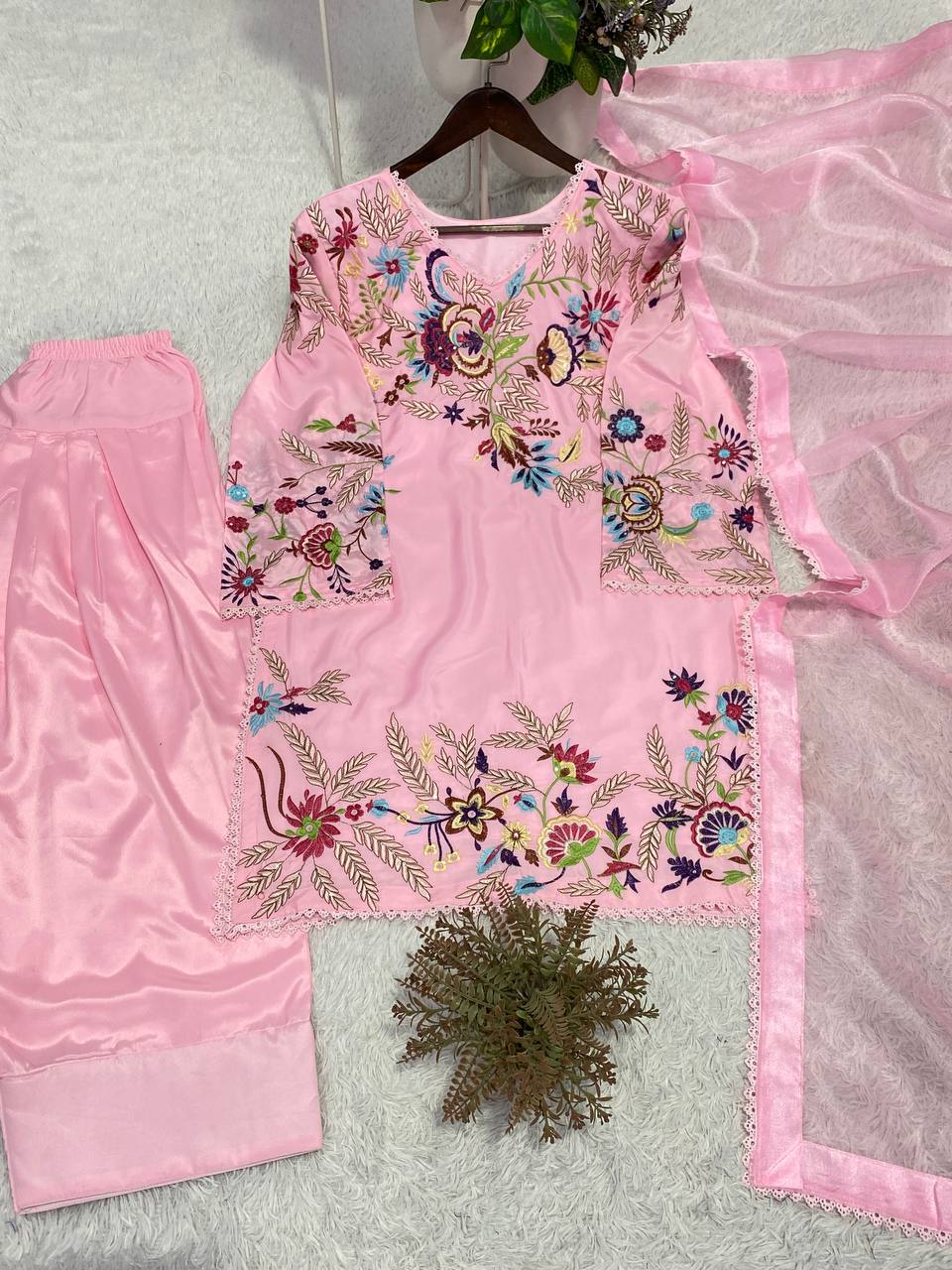 Designer Crape Silk Salwar Suit with Sequin Embroidery & Lace Work