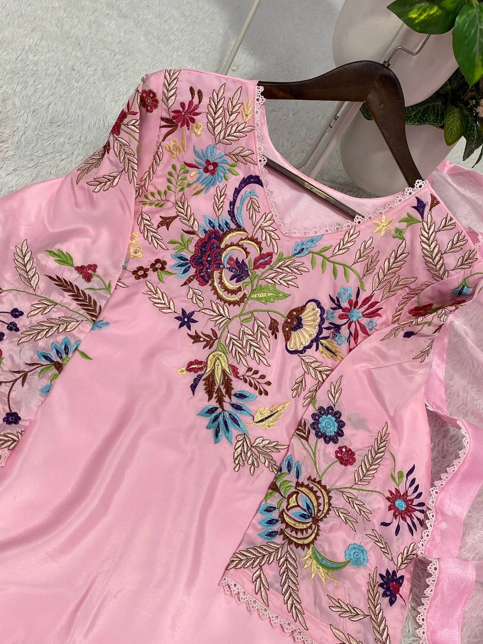 Designer Crape Silk Salwar Suit with Sequin Embroidery & Lace Work