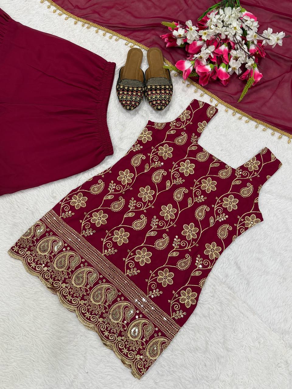 Elegant Faux Georgette Palazzo Set with Fancy Border Dupatta