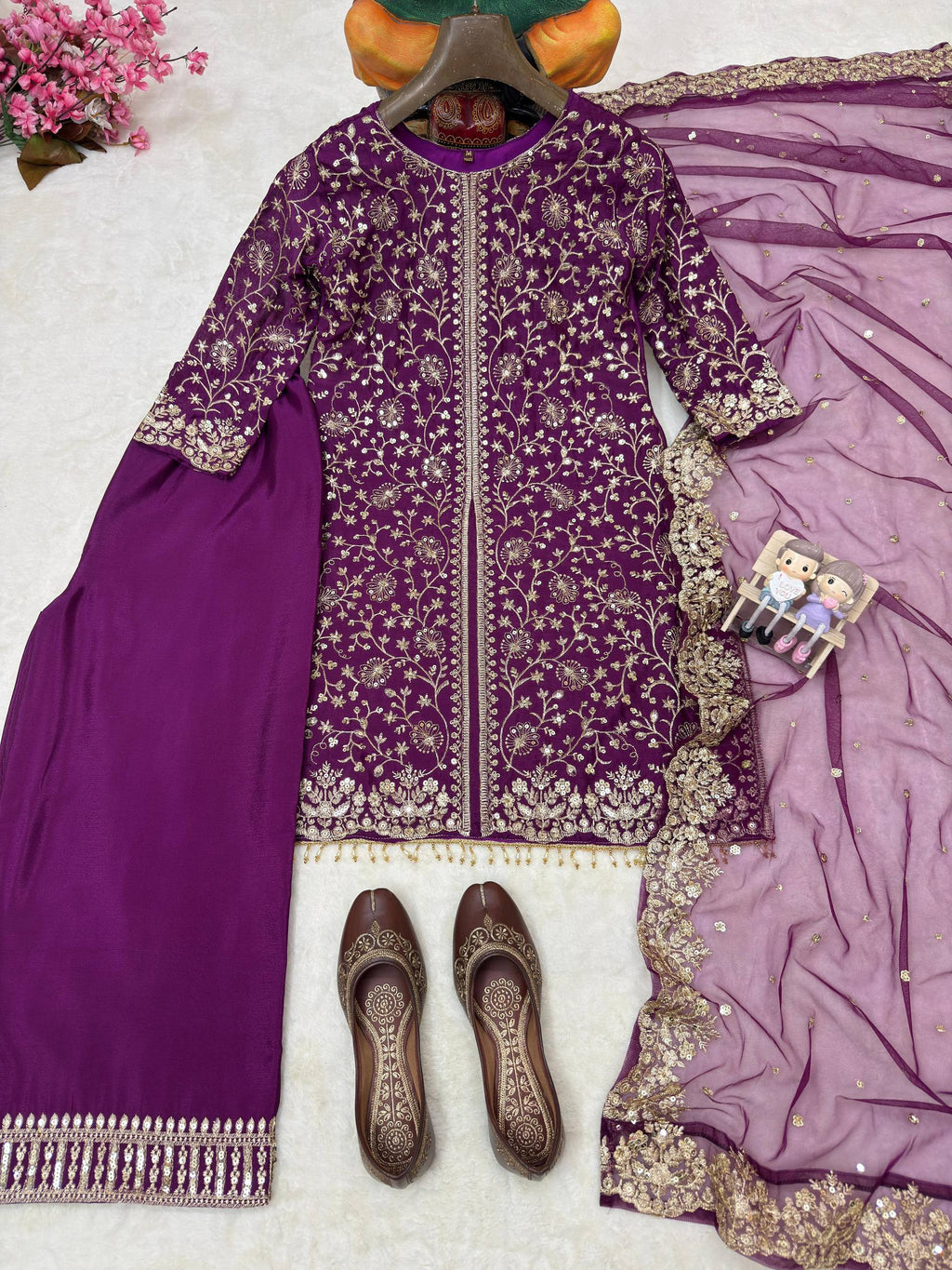 Myesha Heavy Chinon Silk 5mm Sequins & Zari Embroidered Kurti with Palazzo & Soft Net Dupatta