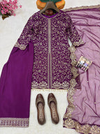 Myesha Heavy Chinon Silk 5mm Sequins & Zari Embroidered Kurti with Palazzo & Soft Net Dupatta