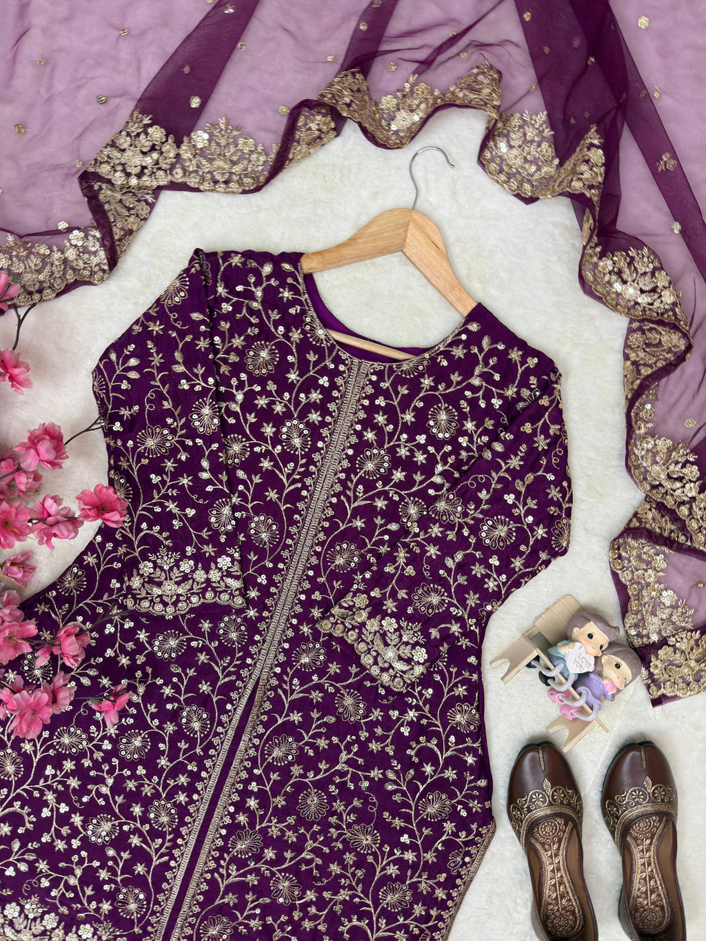 Myesha Heavy Chinon Silk 5mm Sequins & Zari Embroidered Kurti with Palazzo & Soft Net Dupatta