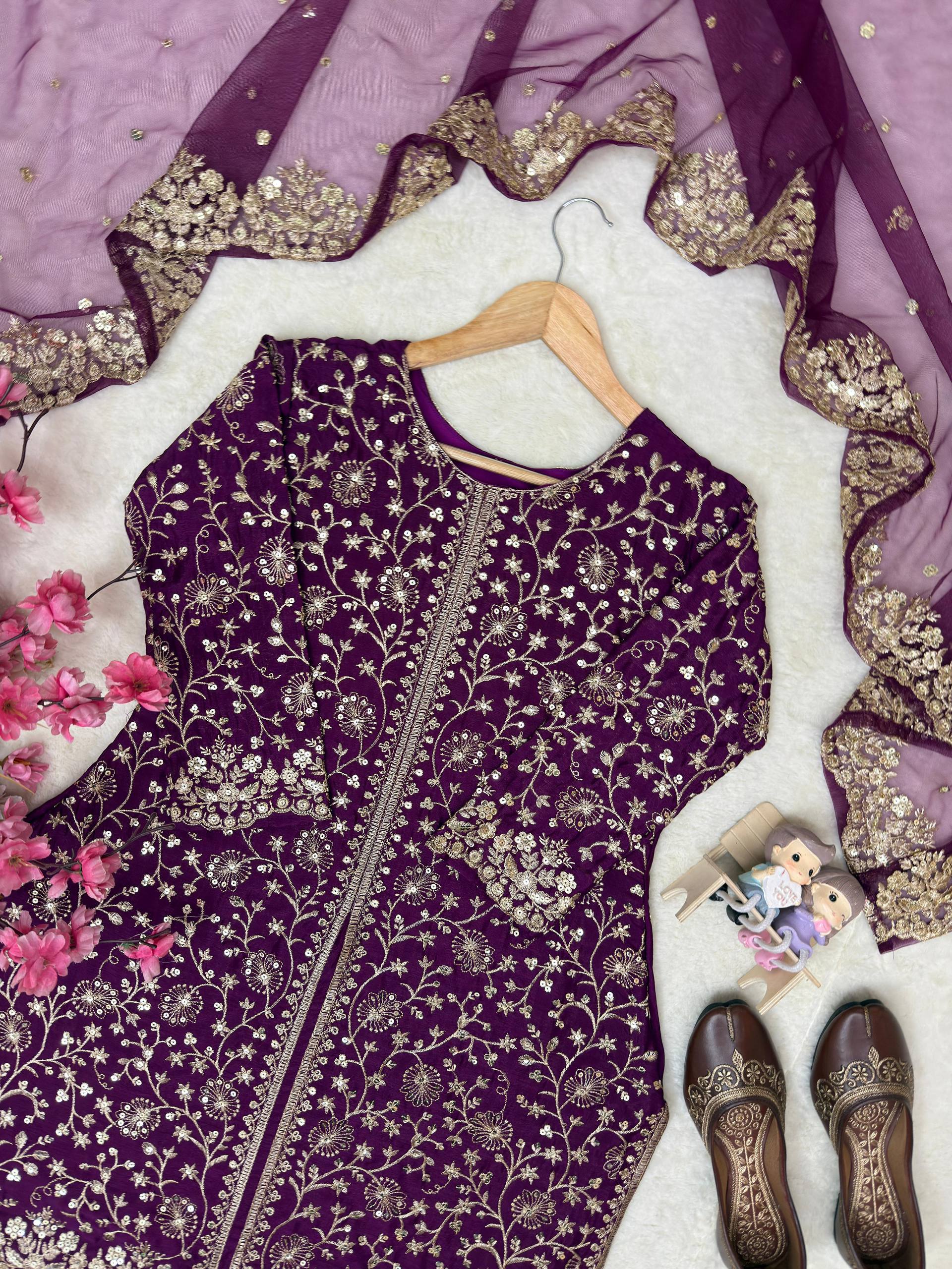 Myesha Heavy Chinon Silk 5mm Sequins & Zari Embroidered Kurti with Palazzo & Soft Net Dupatta