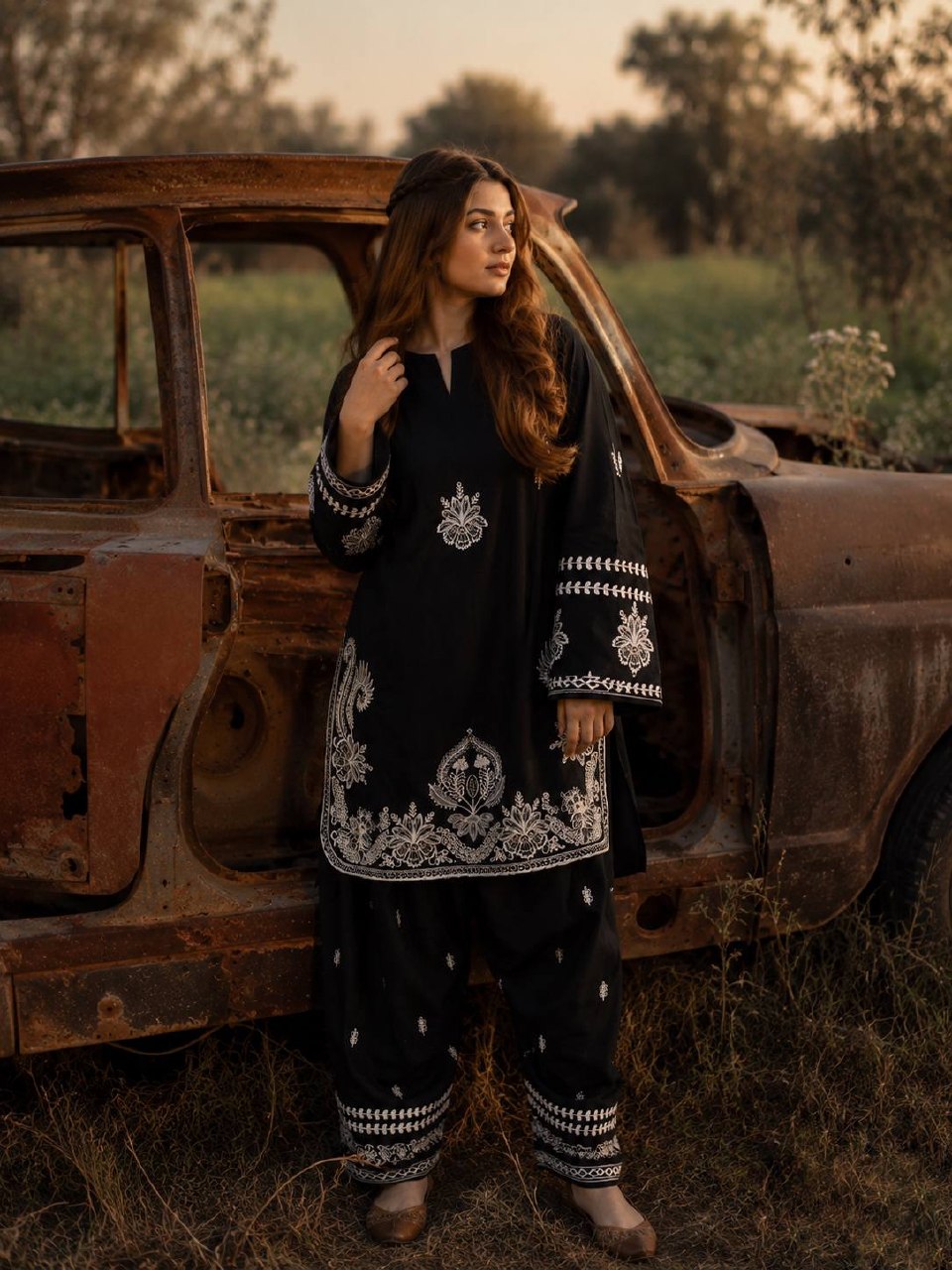 Ruhanika Roman Dell Silk Heavy Thread Embroidered Kurti with Palazzo Set