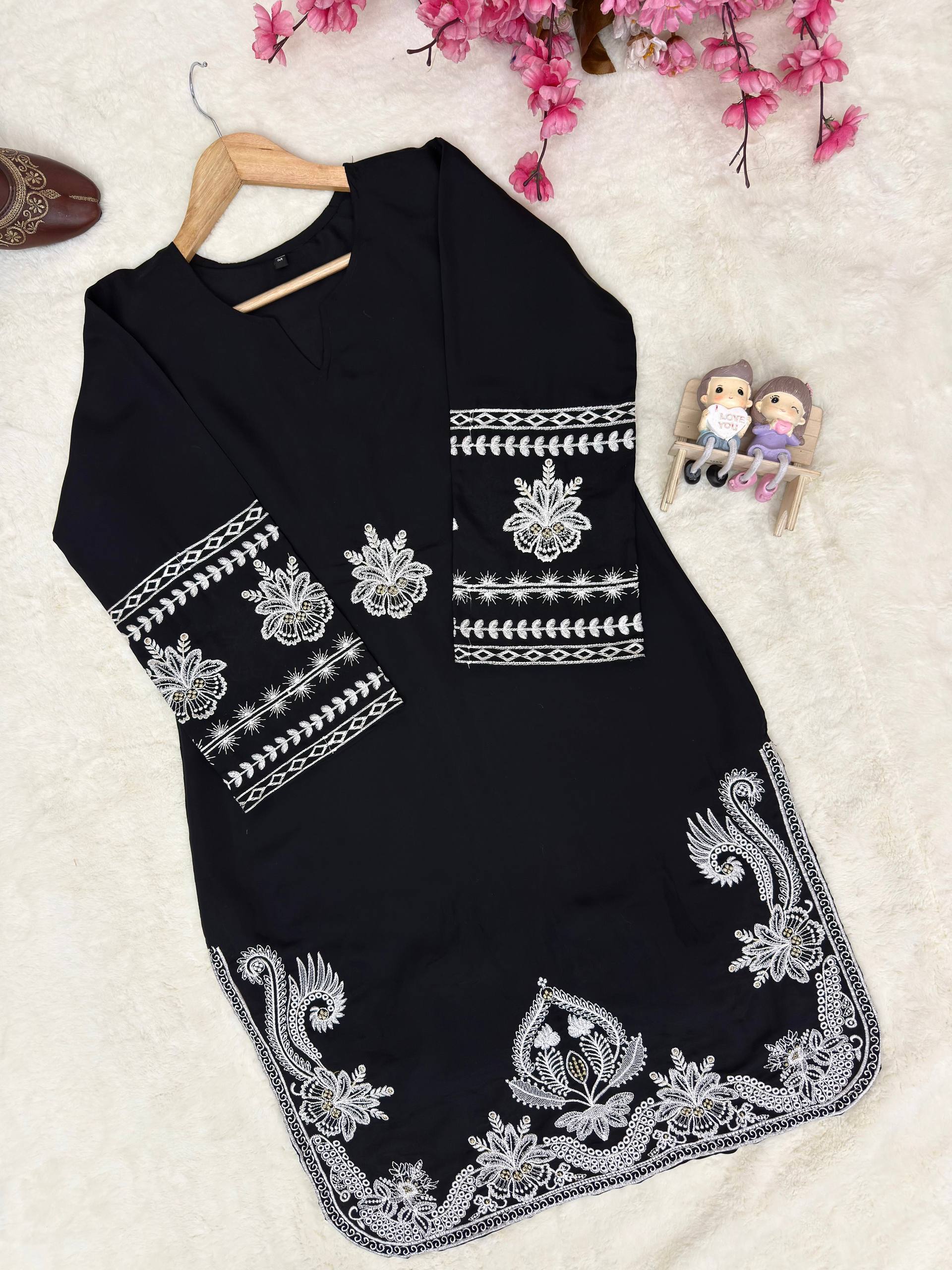 Ruhanika Roman Dell Silk Heavy Thread Embroidered Kurti with Palazzo Set