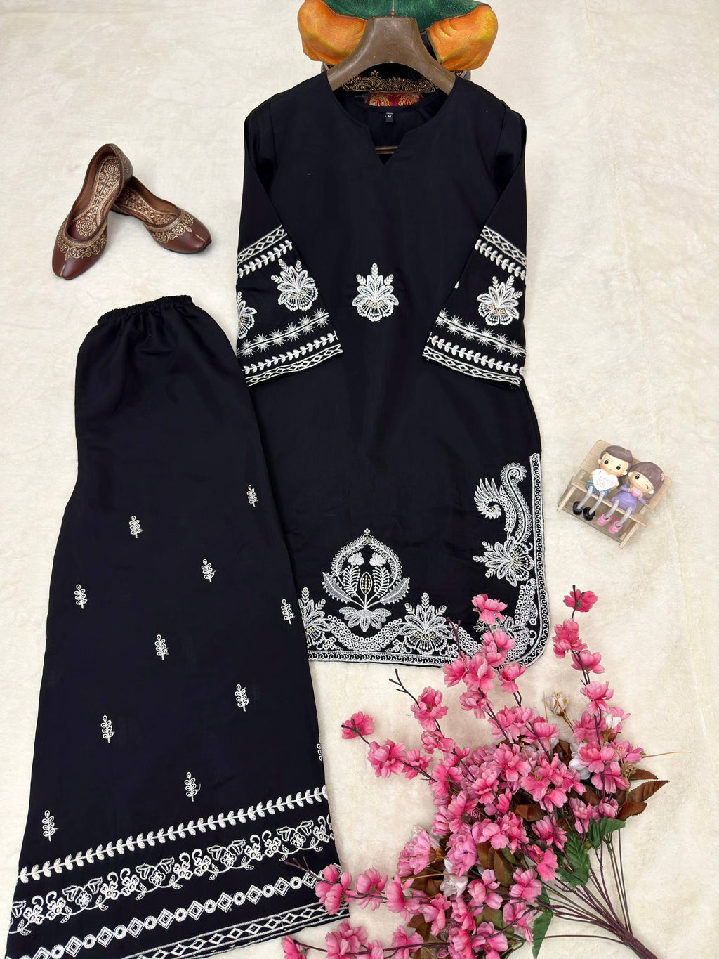 Ruhanika Roman Dell Silk Heavy Thread Embroidered Kurti with Palazzo Set