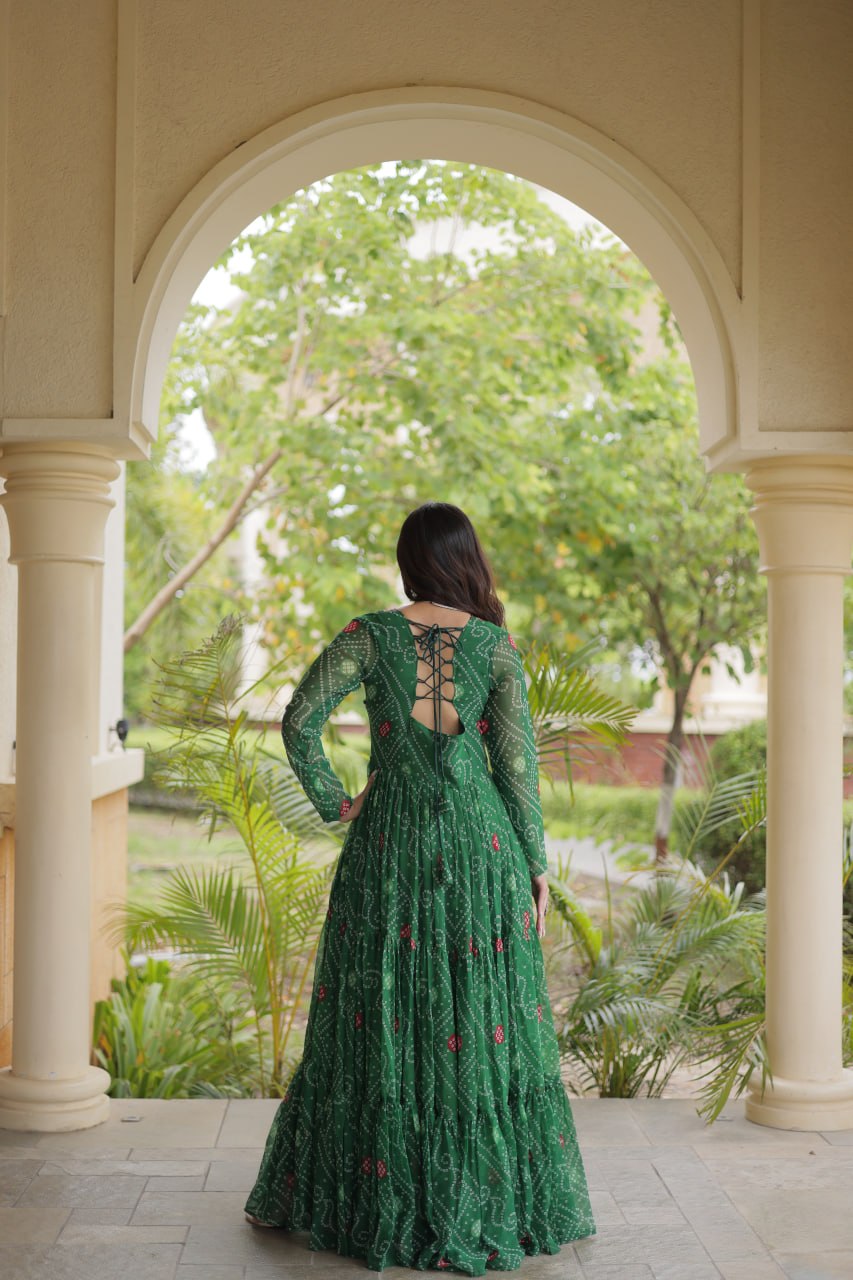 Rangdhara Designer Faux Georgette Bandhani Print Kutchi Patchwork Gown with 12 Metre Flair