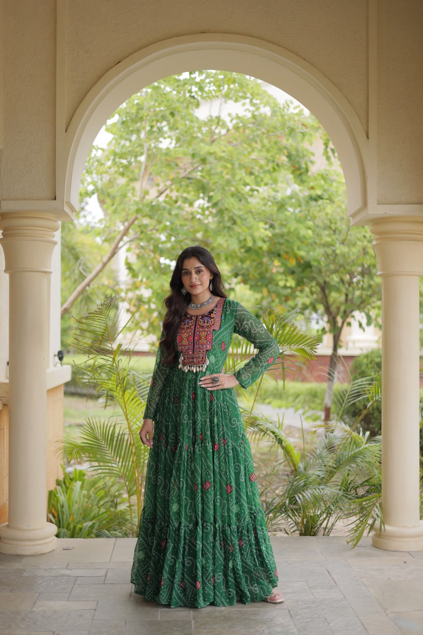 Rangdhara Designer Faux Georgette Bandhani Print Kutchi Patchwork Gown with 12 Metre Flair