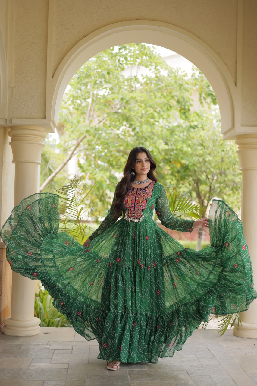 Rangdhara Designer Faux Georgette Bandhani Print Kutchi Patchwork Gown with 12 Metre Flair