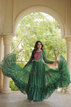 Rangdhara Designer Faux Georgette Bandhani Print Kutchi Patchwork Gown with 12 Metre Flair