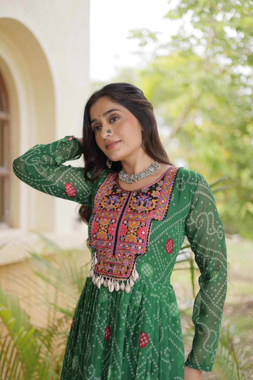 Rangdhara Designer Faux Georgette Bandhani Print Kutchi Patchwork Gown with 12 Metre Flair