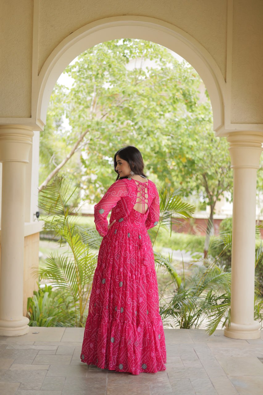 Rangdhara Designer Faux Georgette Bandhani Print Kutchi Patchwork Gown with 12 Metre Flair