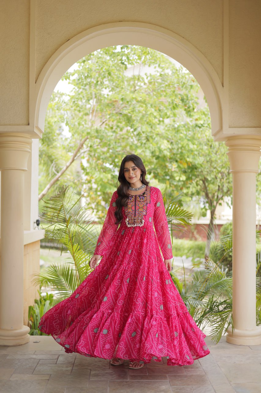 Rangdhara Designer Faux Georgette Bandhani Print Kutchi Patchwork Gown with 12 Metre Flair