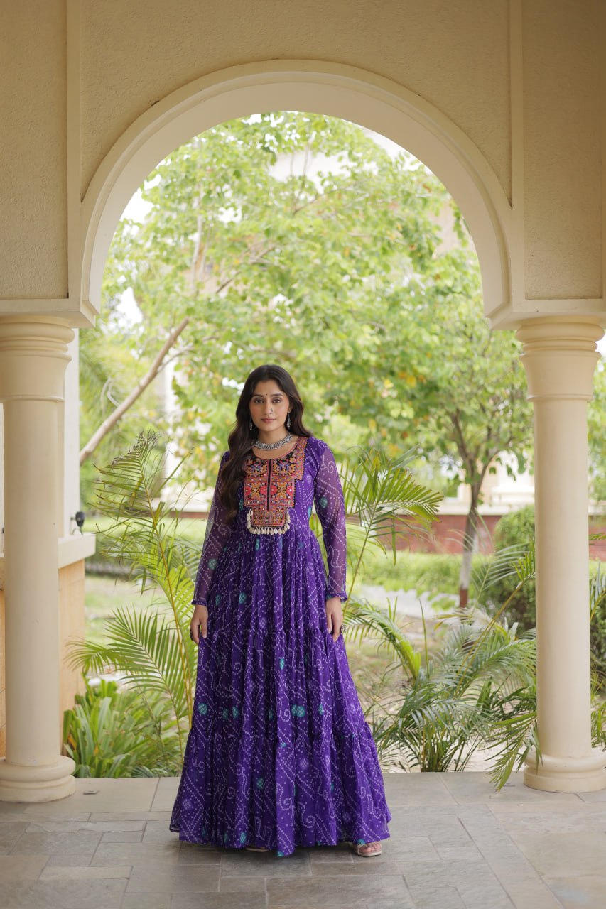 Rangdhara Designer Faux Georgette Bandhani Print Kutchi Patchwork Gown with 12 Metre Flair