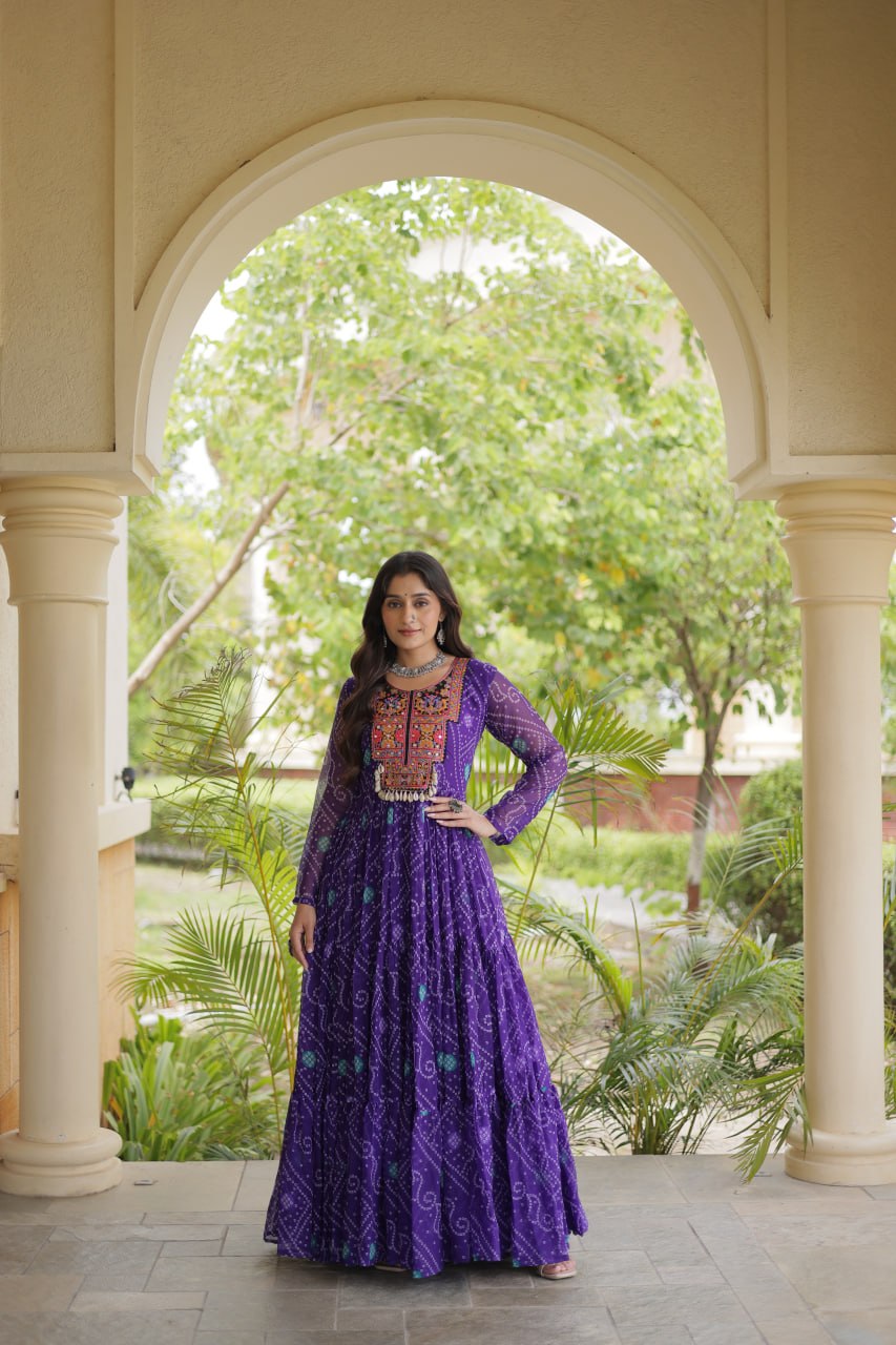 Rangdhara Designer Faux Georgette Bandhani Print Kutchi Patchwork Gown with 12 Metre Flair
