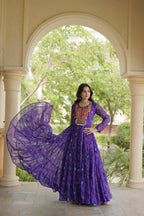 Rangdhara Designer Faux Georgette Bandhani Print Kutchi Patchwork Gown with 12 Metre Flair